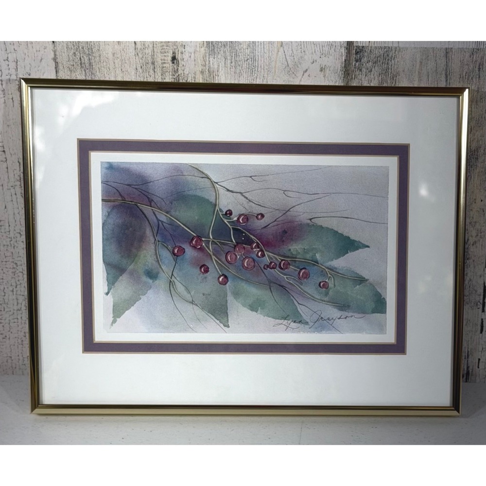 Lynn Grayson Watercolor Painting 9x12 Gold Framed Botanical Berries Signed Art